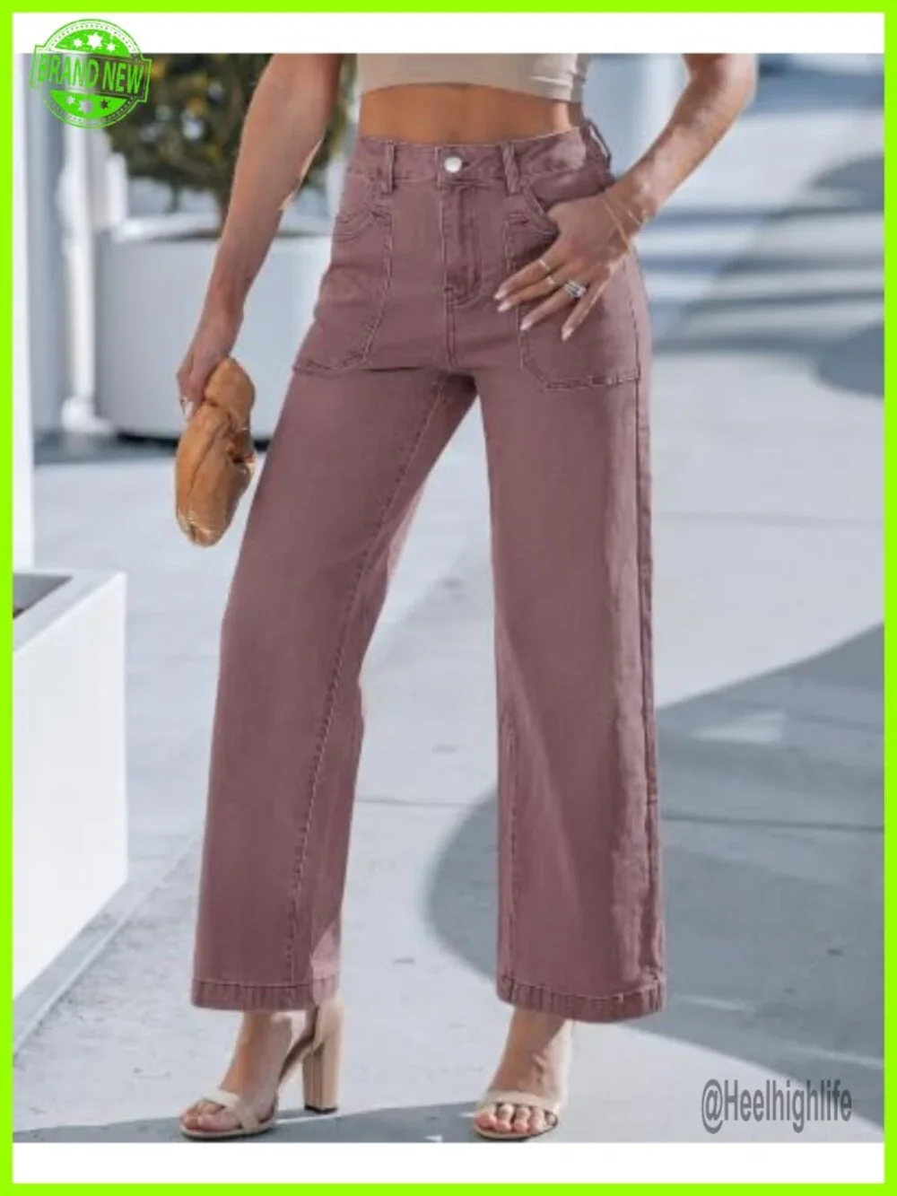 High Waisted Wide Leg Jeans with Patch Pockets Stretchy Denim Pants
